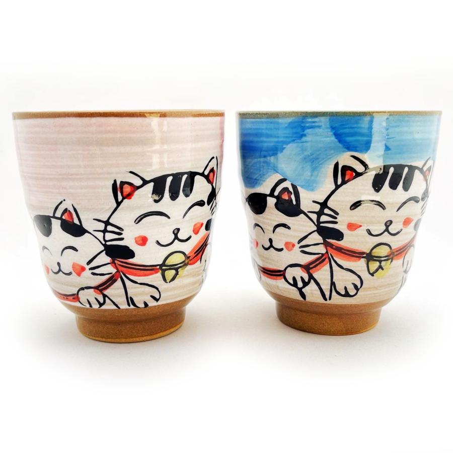 美濃焼 湯呑 夫婦にゃんこ ピンク ブルー 240ml 単品販売 手描き 美濃焼 湯呑 夫婦にゃんこ ピンク ブルー 240ml 単品販売 手描き