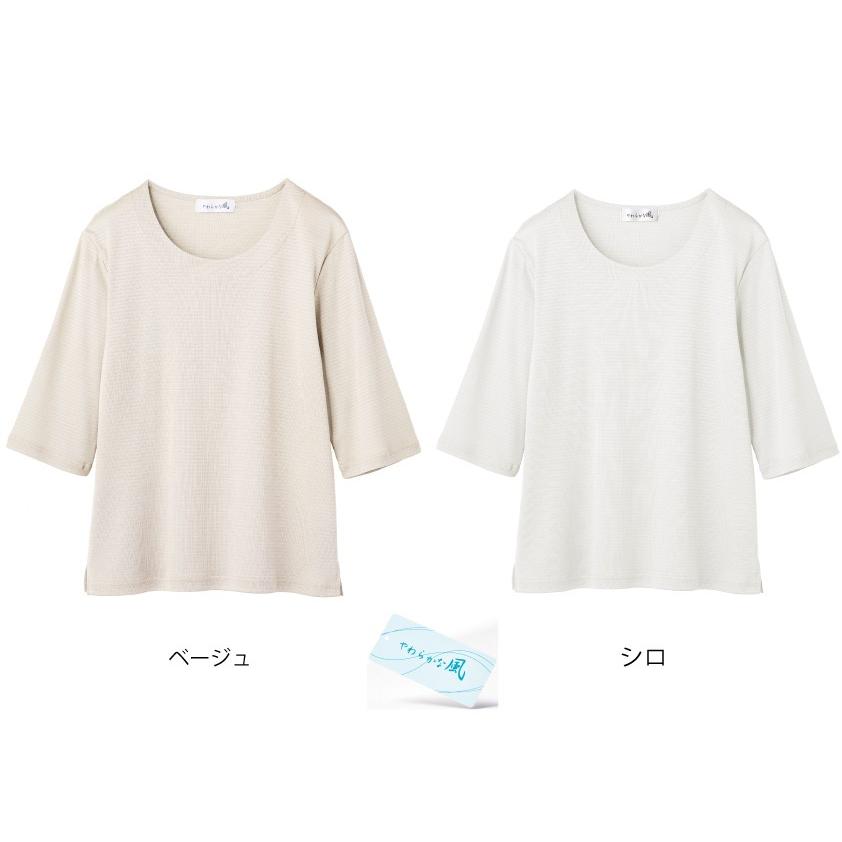 やわらかな風 ミセスカットソー  強撚綿シャドーボーダー5分袖Tシャツ 大人の女性 接触冷感 紫外線防止 安心の日本製 FJ56001｜fujinitt｜02