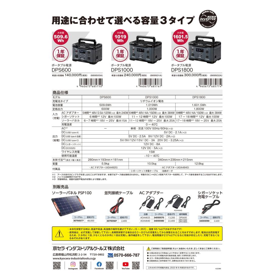 ポータブル電源 品番 DPS1800【京セラインダストリーツール ポータブル電源 品番 DPS1800【京セラインダストリーツール