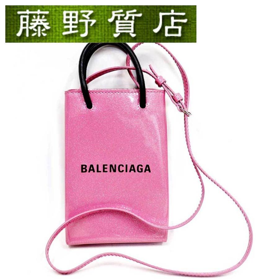（未使用品）バレンシアガ BALENCIAGA ショッピング フォン ホルダー ショルダー バッグ 斜め掛け レザー ピンク ラメ