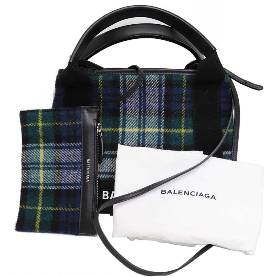 バレンシアガ BALENCIAGA ネイビーカバス XS トートバッグ 斜め掛け ウール × レザー グリーン系 チェック 390346 8384