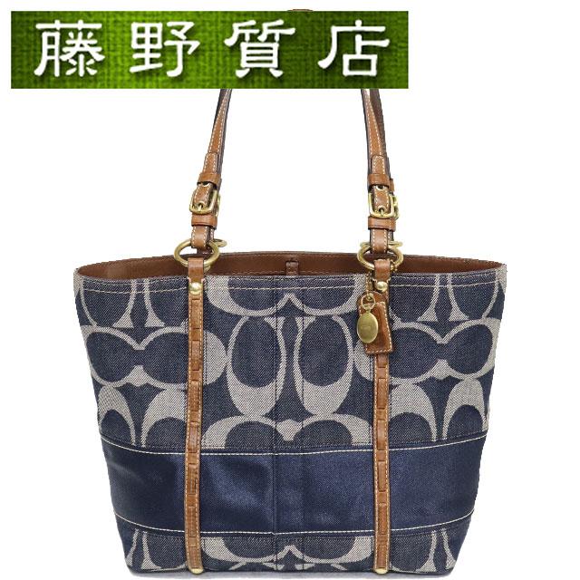 COACH コーチ デニムトートバッグ デニム × レザー ブルー 茶 ゴールド  