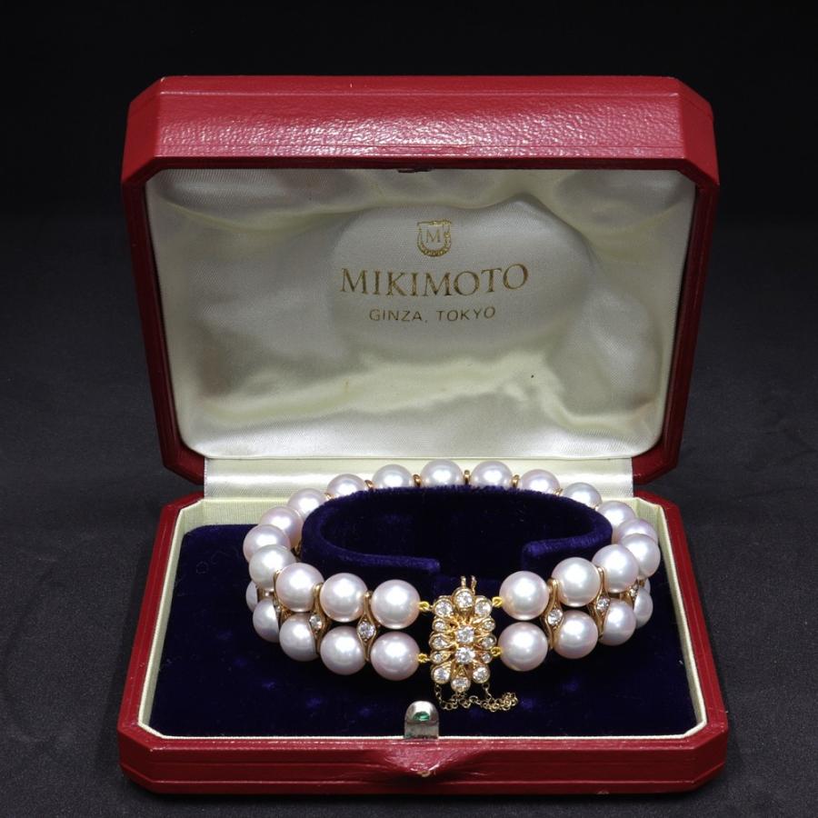 （美品）ミキモト MIKIMOTO 2連パールダイヤブレスレット K18YG×パール38個(約9mm)×ダイヤ計2.05ct 約18cm
