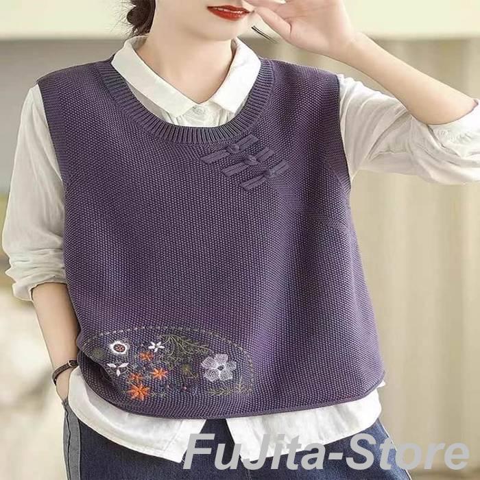 ニットベスト 刺繍 チャイナボタン ベスト レディース ニット