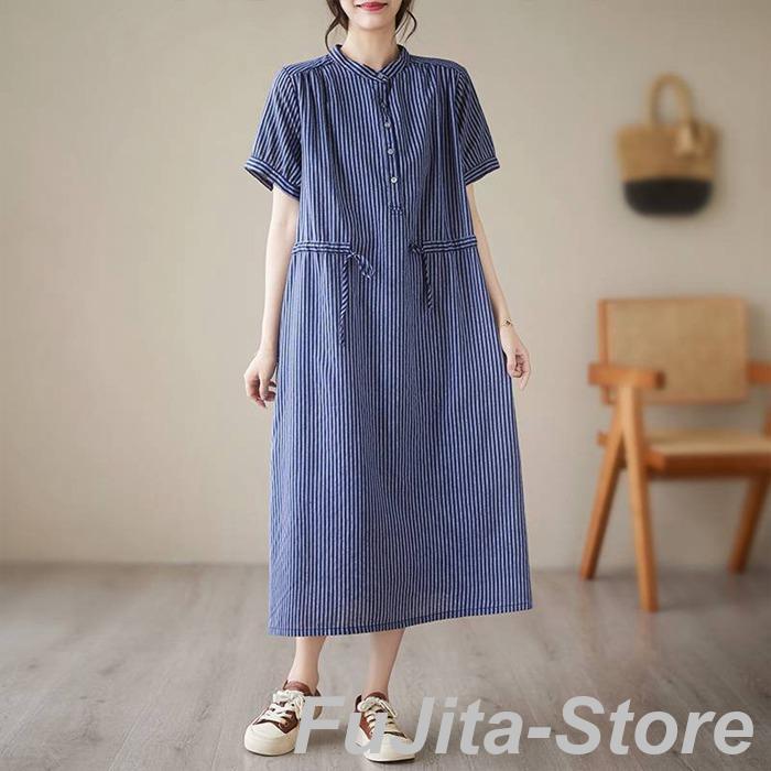 ストライプ 半袖 シャツワンピース ロング シャツワンピース ワンピース 半袖 ストライプ 柄 ロング・再