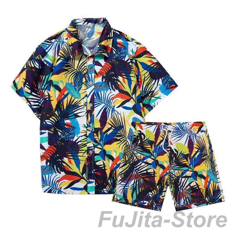夏新作アロハ セットアップ 半袖 上下 メンズ アロハシャツ 上下