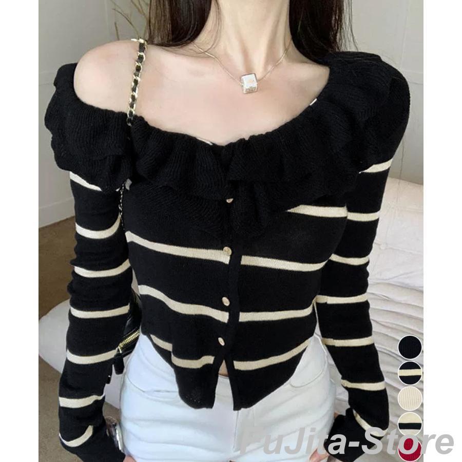 フリルニットトップス フリルニットトップス オフショルダー秋服 : 藤田ストア - 通販