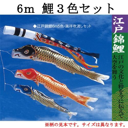 鯉のみの６ｍセット】 江戸錦 鯉のぼり３色・瑞祥吹流し・矢車・ロープ