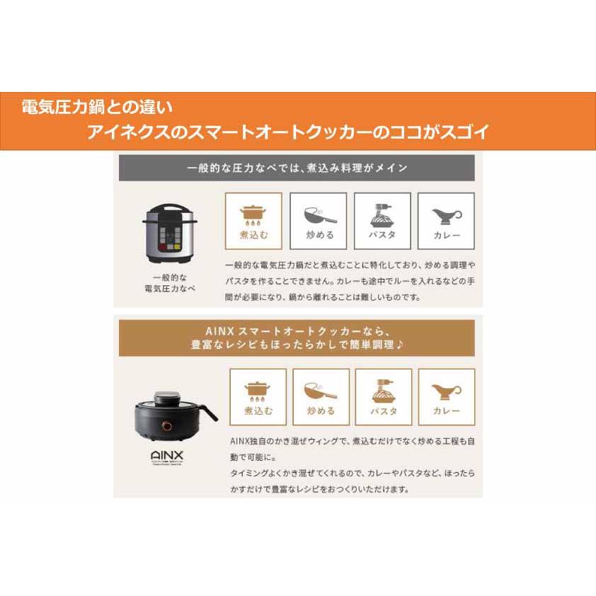 アイネクス 自動調理器 3.5L 炒め/低温/無水/煮込/パスタ/カレー/蒸し/デザート スマートオートクッカーAX-C1BN｜fujitashop｜04