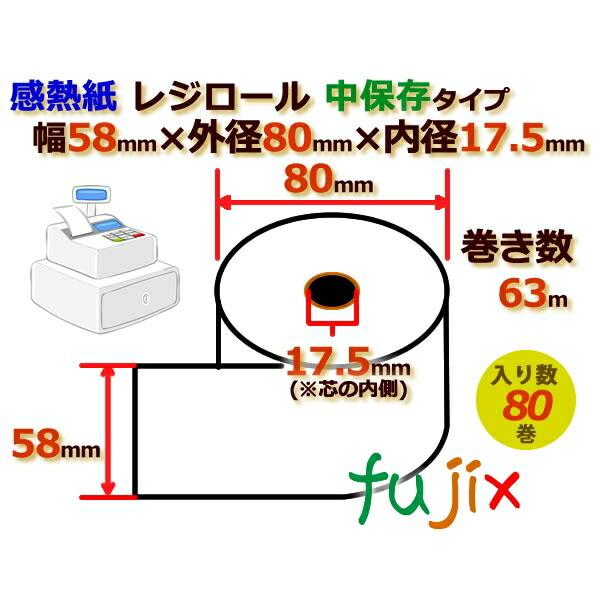 レジロール　感熱紙(中保存)幅58mm　外径80mm×内径17.5mm　80巻／ケース　RH588017