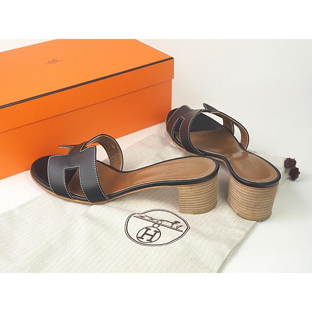 富士屋 ◇ エルメス HERMES オアジス サンダル カーフ 黒 サイズ37 