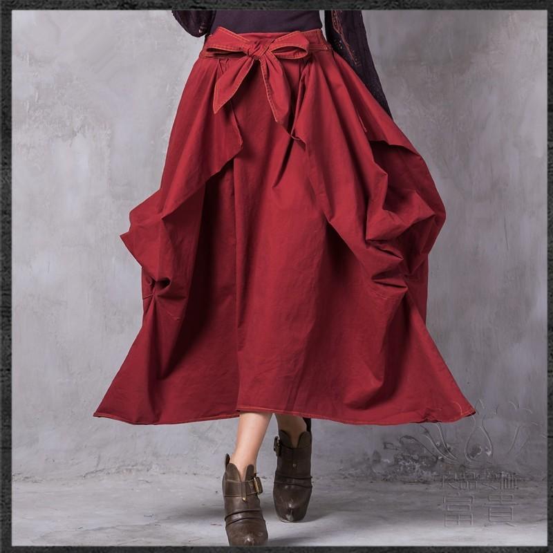 スカート フォークロア オリジナル 無地 スカート 非対称裙 ロング丈 ギャザー リボン 非対称 レトロ調