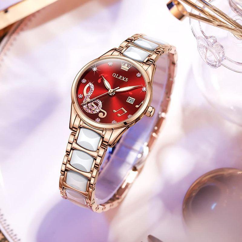 楽天1位】 OLEVS 腕時計 レディース 日本ムーブメント 人気 セラミック 防水 夜光 ピンクゴールド ローズゴールド 見やすい 日付  ブレスレット付き 赤 レッド