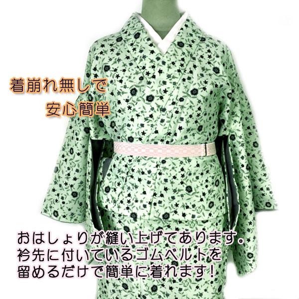 ワンタッチ着物　Mサイズ　kjwk22-8　グリーン　黒小花　巻くだけ簡単  洗える着物　ポリエステル　３分で着れます｜fukuda-shokado｜02