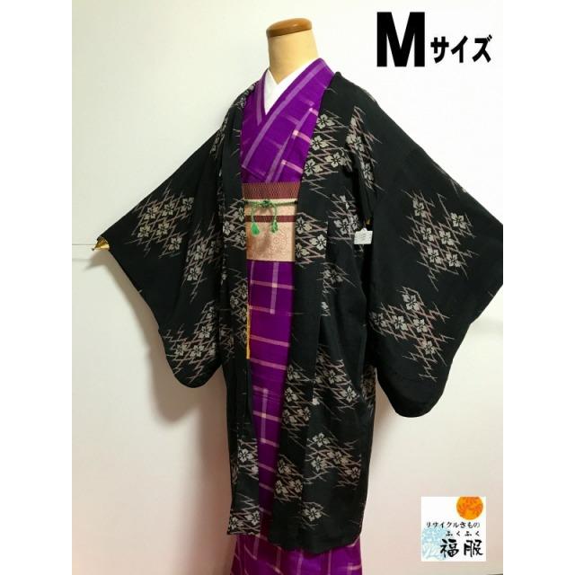 中古 羽織 正絹 黒地に花菱文様 裄63cm アンティーク Mサイズ 長羽織 