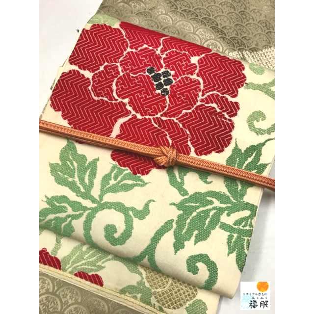 25％OFFクーポン発行中/中古 名古屋帯 正絹 白地に唐花文様 お太鼓柄  