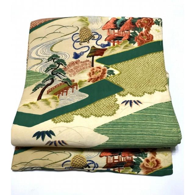 只今お買い得クーポン発行中] 【中古】正絹 名古屋帯 白地に風景模様  