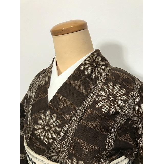 Sサイズ 紬 正絹 こげ茶地に花格子文様 : リサイクルきもの福服 - 通販