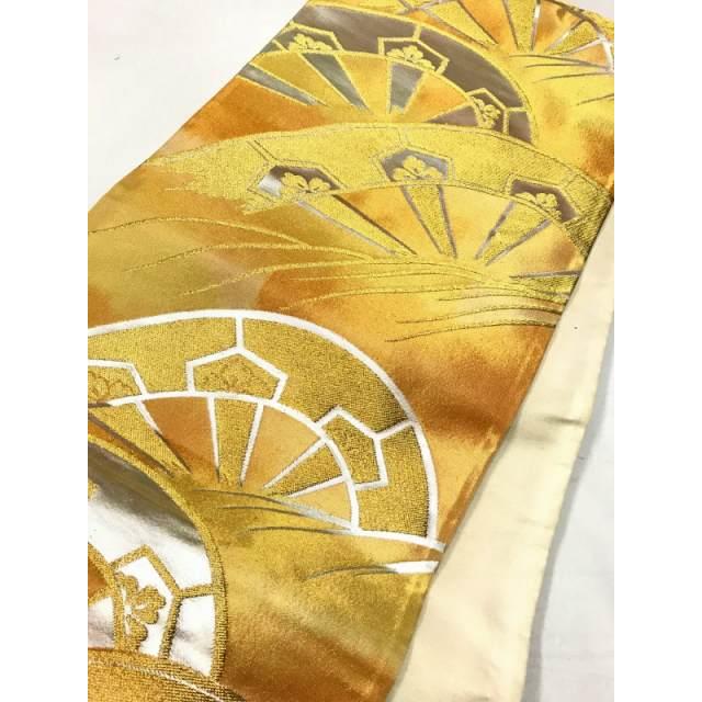 美品 正絹 着物 全通“ゴールドの波に乗る！溢れる歓びと美しさ”袋帯 P-32 美品 正絹 着物 全通“ゴールドの波に乗る！溢れる歓びと美しさ”
