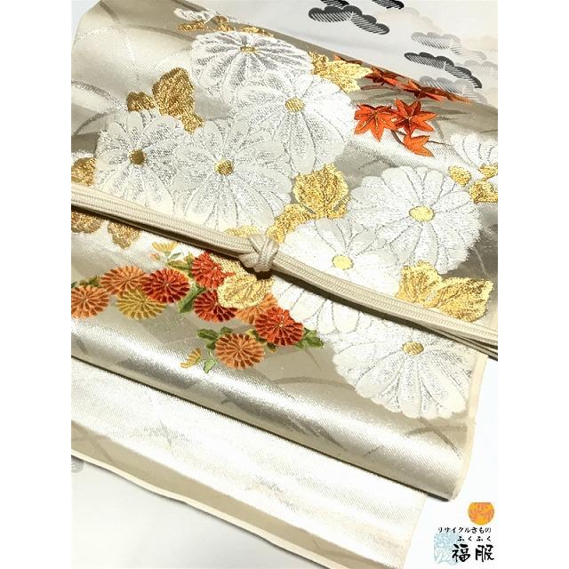 中古 反物 正絹 帯地 白地に菊花文様 お太鼓柄 九寸 名古屋帯の帯反 未 