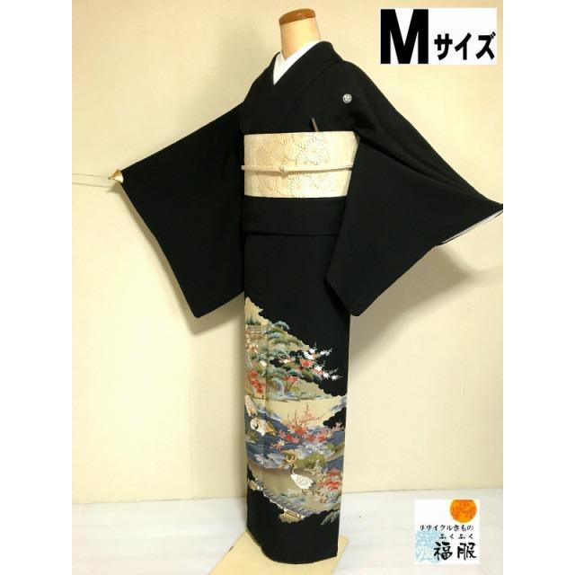 25％OFFクーポン発行中/中古 留袖 正絹 黒地に御所解き模様 五つ紋付黒  