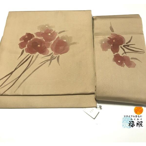 作り帯 正絹 お太鼓結び型 薄茶地に枝花模様 お太鼓柄 九寸 名古屋帯の