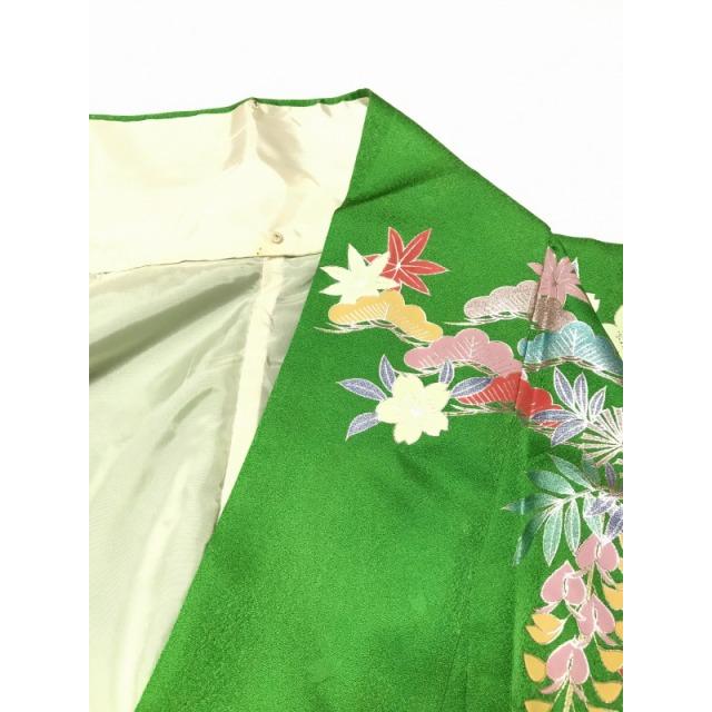 25％OFFクーポン発行中/【中古】振袖 正絹 グリーン地に御所車模様 裄  