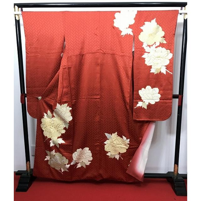 中古】Mサイズ 正絹 振袖 赤茶地に牡丹模様 : リサイクルきもの福服  