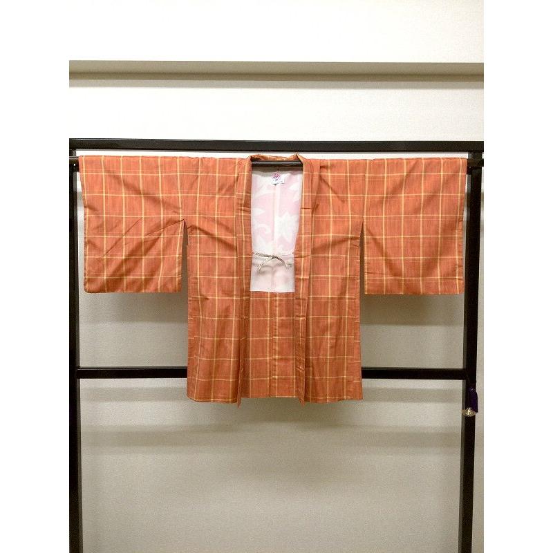 羽織 正絹 オレンジ色地に格子模様 裄67 Lサイズ 紬 : リサイクル