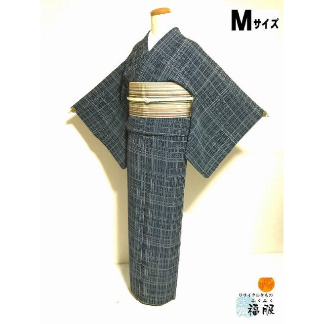 只今お買い得クーポン発行中] 中古 小紋 正絹 グレー地に格子模様 袷 