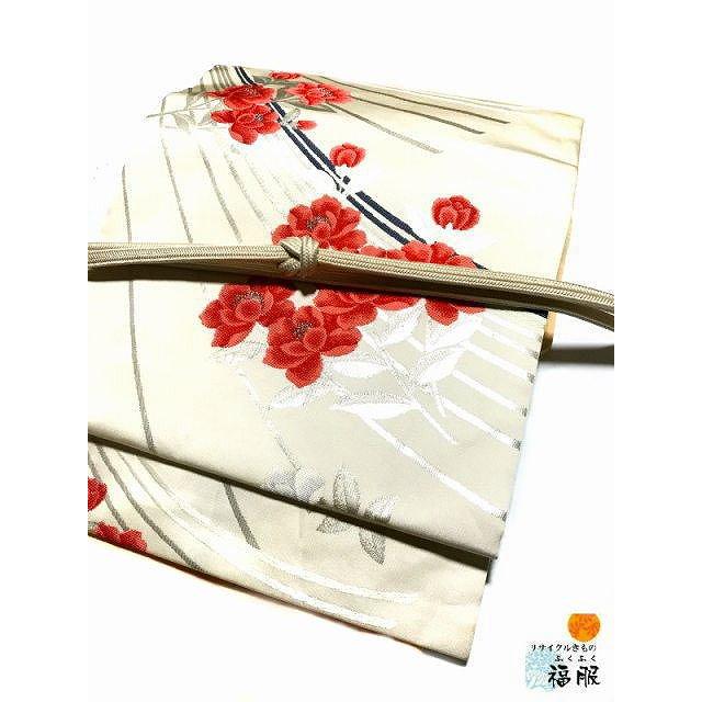 只今お買い得クーポン発行中] 中古 名古屋帯 正絹 白地に枝花文様 六通  