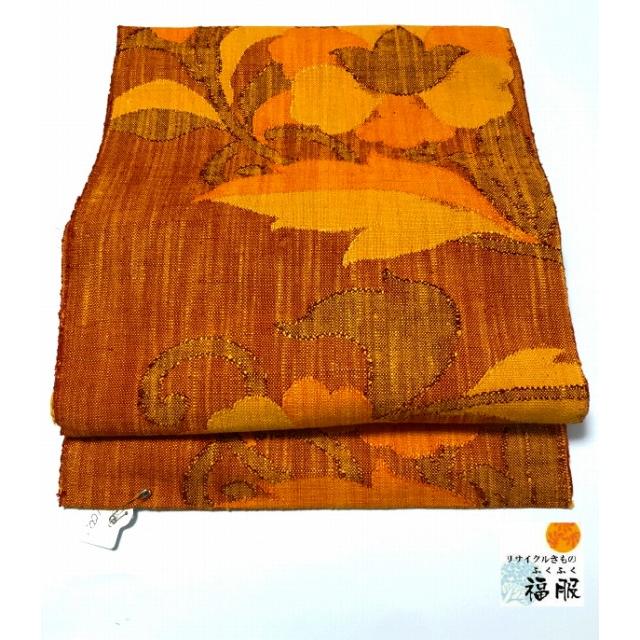 中古】名古屋帯 正絹 山吹茶地に唐花文様 六通柄 八寸名古屋