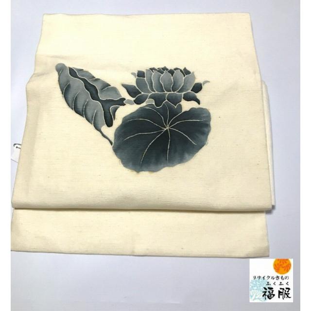 [ペーパームーン] 名古屋帯　正絹　お太鼓柄　銀　訪問着　付け下げ 中古 名古屋帯 正絹 法事用 白地に蓮模様 お太鼓柄 九寸 : リサイクル