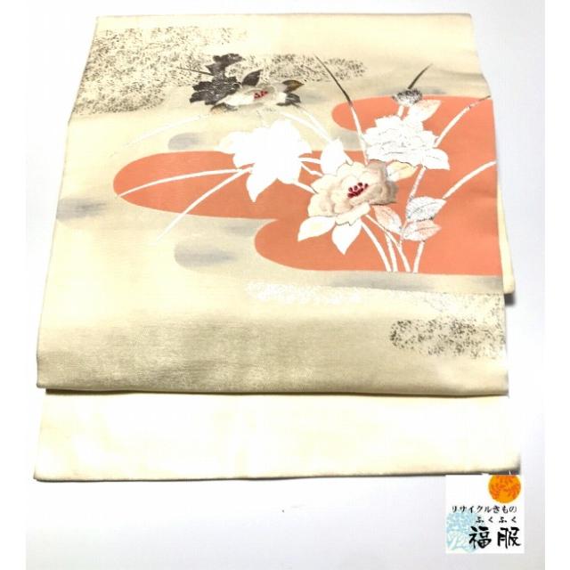 25％OFFクーポン発行中/中古 名古屋帯 正絹 白地に牡丹模様 お太鼓柄 