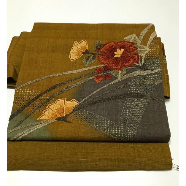 25％OFFクーポン発行中/【中古】正絹 名古屋帯 鶯茶色地に枝花文様 