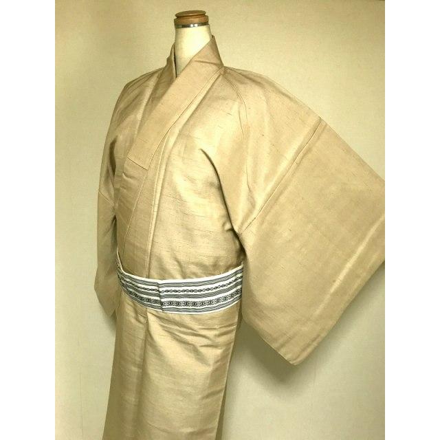 25％OFFクーポン発行中/中古 紋付着物 男物 正絹 薄茶地の紬 三つ紋付 