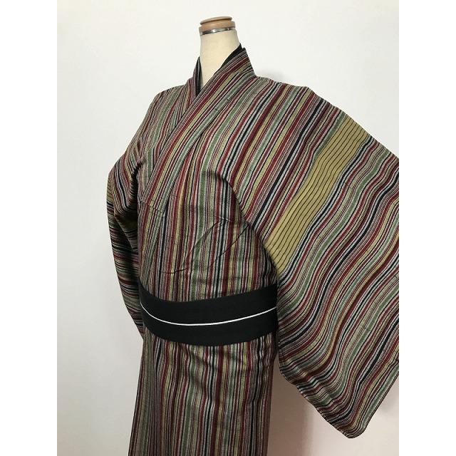 中古 Lサイズ リメイク男物 ウール 単衣着物 グレー地に縞文様 袖継ぎ 