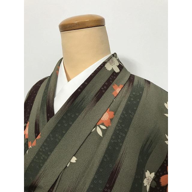 Mサイズ 小紋 化繊 鶸茶色に桜模様 袷着物 洗える着物 : リサイクル