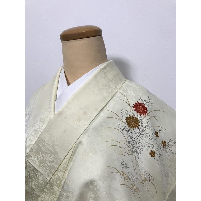 中古 Mサイズ 化繊 付け下げ 付下げ訪問着 クリーム地に草花模様 袷  