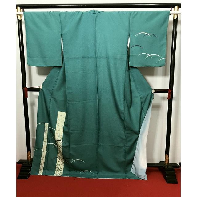 中古 Lサイズ 付け下げ 化繊 付下げ訪問着 青緑色地に萩模様 袷着物