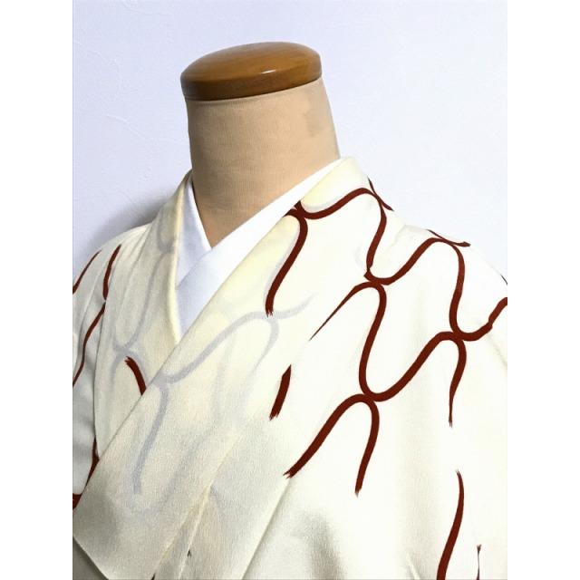 1100円 中古 Sサイズ 化繊 小紋 単衣着物 クリーム地に網目模様 洗える
