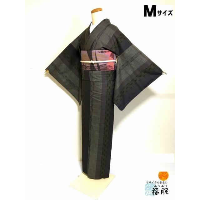 中古 紬 正絹 こげ茶地に麻の葉文様 袷着物 裄67 Mサイズ リサイクル