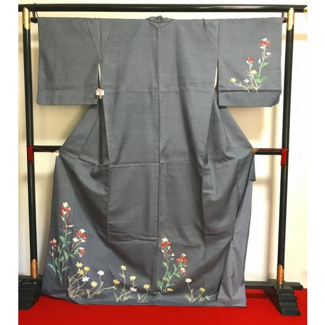 中古】Lサイズ 正絹 訪問着 グレー地に草花模様 : リサイクルきもの福 
