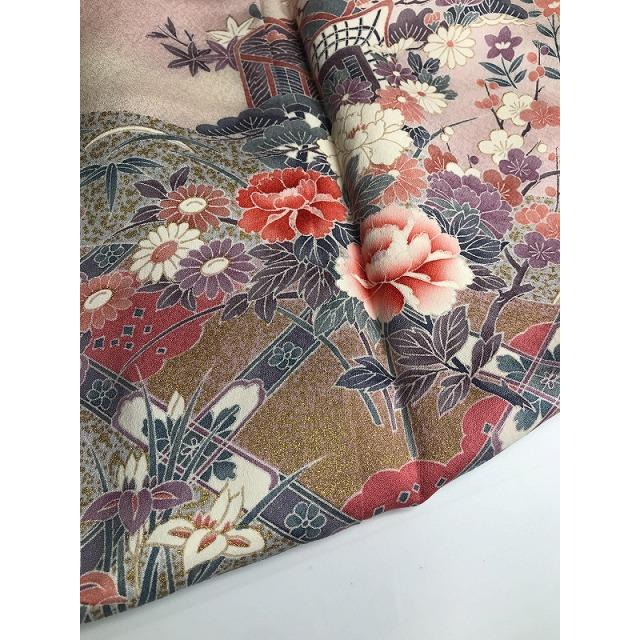 中古 Mサイズ 正絹 付け下げ 袷着物 付下げ訪問着 ピンク地に