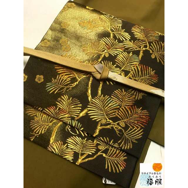 25％OFFクーポン発行中/中古 袋帯 正絹 黒地に松葉文様 六通柄  