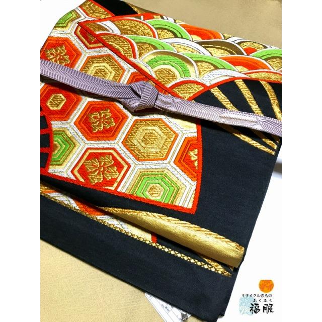 只今お買い得クーポン発行中] 【中古】袋帯 正絹 黒地に扇文様 六通柄  