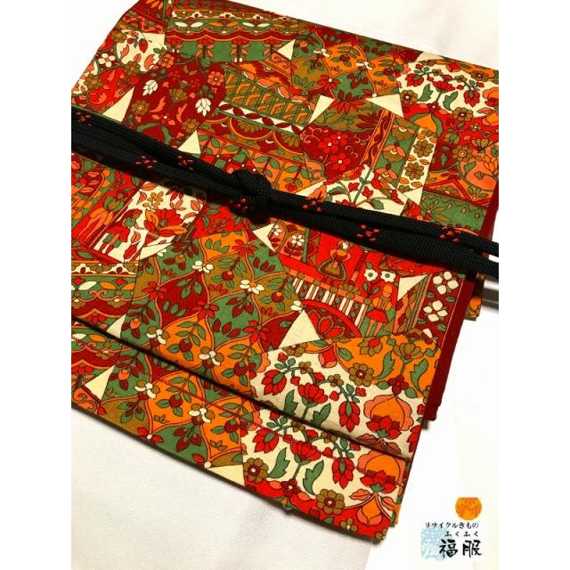 25％OFFクーポン発行中/中古 しゃれ袋帯 綿 朱色地に寄せ柄模様 全通柄  