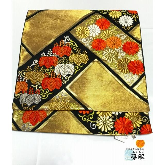 只今お買い得クーポン発行中] 中古 袋帯 正絹 黒地に桧垣文様 六通柄  