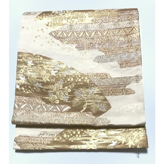 25％OFFクーポン発行中/中古 正絹 袋帯 ゴールド地に霞文様 六通柄  
