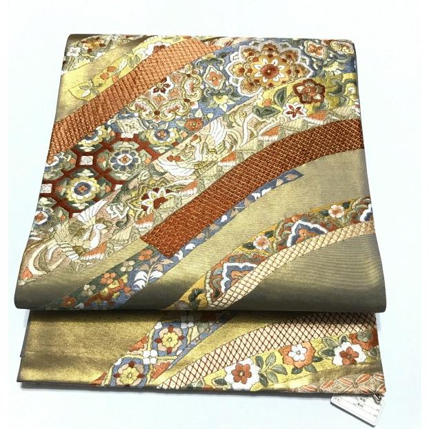 25％OFFクーポン発行中/中古 正絹 袋帯 グレー引き箔地に熨斗文様 刺繍  